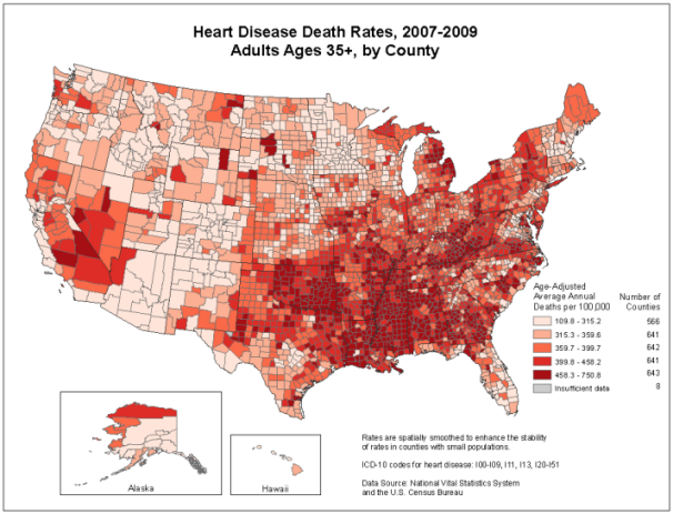 During 2007-2009, death rates due to heart disease were the highest in the South and lowest in the Western United States.