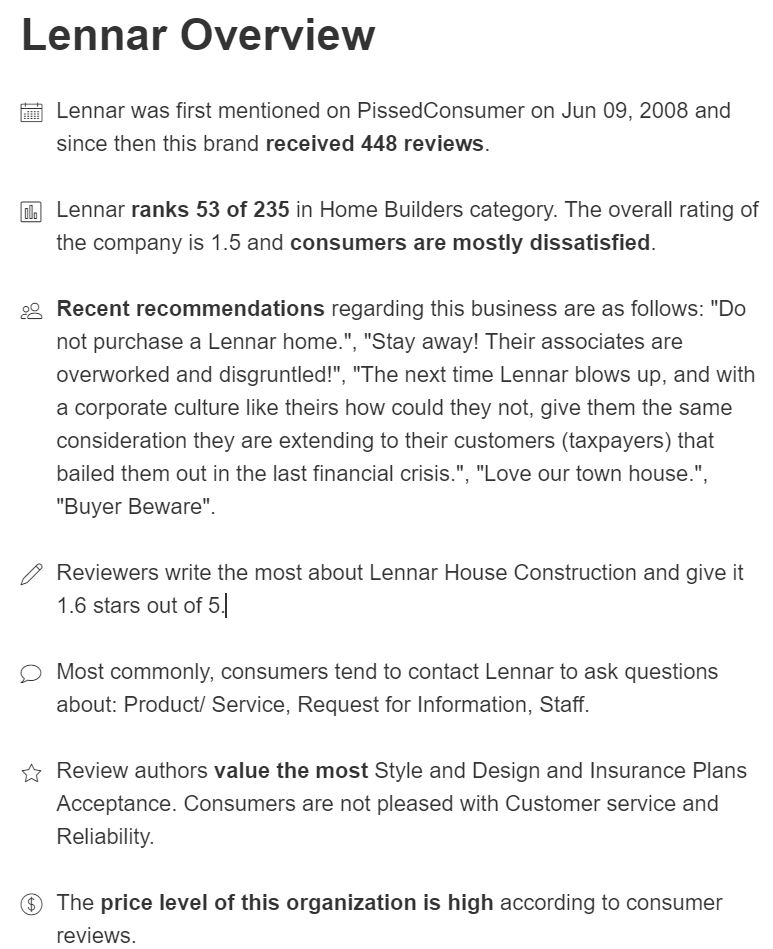 Lennar Homes has lots of Pissed Consumers and deplorable 1.6 out of 5 star rating. Lennar is bad