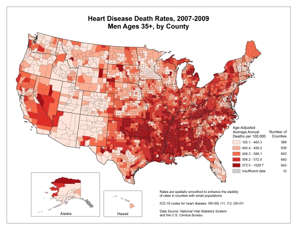 Heart Disease Death Rates in Men, 2007-2009. Age adjusted average annual deaths per 100,000 among men ages 35 and older, by county. Rates range from 105.1 to 1079.7 per 100,000. Counties with the highest rates are located primarily in Mississippi, Alabama, Oklahoma, Louisiana, southern Georgia, eastern Kentucky, and northeastern Michigan.